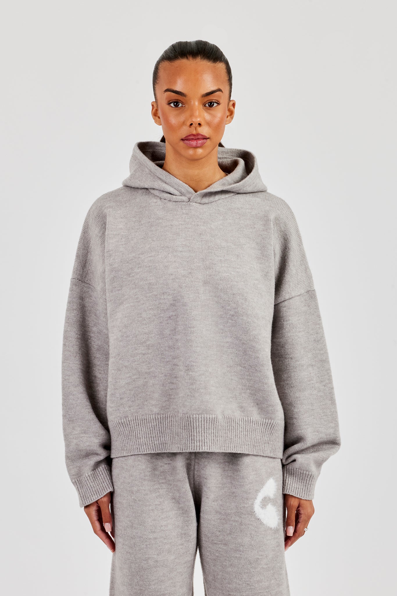 Fluffy Intarsia Boxy Hoodie - Grey